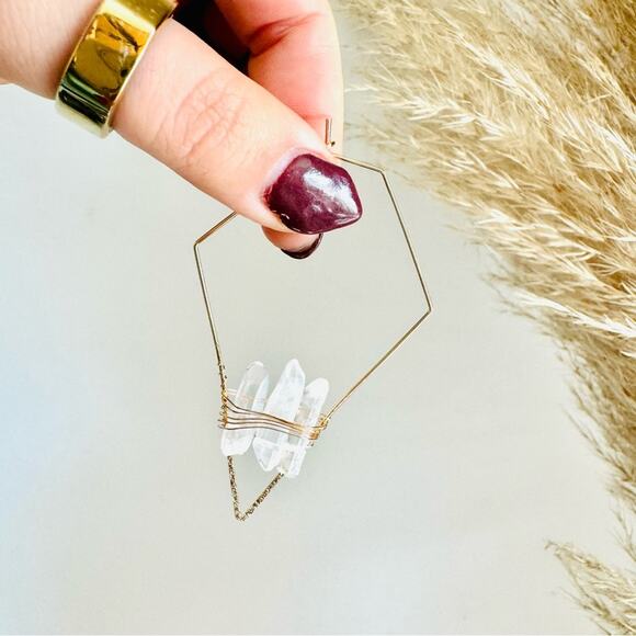 Clear Quartz Gold Handmade Boho Gemstone Crystal Hoop Earrings Hoops Jewelry - Picture 4 of 11